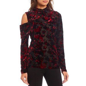 Donna Karan Black & Red Burnout VeLVeT Cold Shoulder Long Sleeve Top Ruffle M